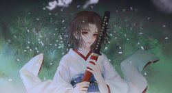 Rule 34 | 1girl, cherry blossoms, fate/grand order, fate (series), female focus, grass, highres, japanese clothes, kara no kyoukai, katana, kimono, level02, looking at viewer, outdoors, ryougi shiki, short hair, solo, sword, type-moon, upper body, weapon