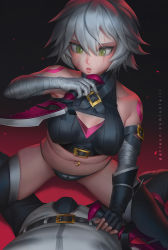 Rule 34 | 1boy, 1girl, bandaged arm, bandages, bare shoulders, black gloves, black panties, black shirt, black thighhighs, blush, breasts, bulge, censored, cleavage cutout, clothing cutout, collarbone, covered erect nipples, facing viewer, fate/apocrypha, fate (series), femdom, girl on top, gloves, hetero, holding, holding knife, holding weapon, jack the ripper (fate/apocrypha), knife, leaning forward, lips, looking at viewer, lying, medium breasts, midriff, mosaic censoring, navel, navel piercing, no pants, on back, open mouth, panties, patreon username, piercing, pov, scar, shirt, short hair, sleeveless, sleeveless shirt, solo focus, straddling, thighhighs, tsurime, underwear, unfairr, v-shaped eyebrows, watermark, weapon, yellow eyes