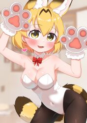 Rule 34 | 1girl, absurdres, animal ears, animal hands, bare shoulders, blonde hair, bow, bowtie, breasts, brown pantyhose, cat paws, chis (js60216), cleavage, covered navel, detached collar, extra ears, gloves, heart, highleg, highleg leotard, highres, kemono friends, large breasts, leotard, looking at viewer, open mouth, pantyhose, serval (kemono friends), serval print, short hair, sleeveless, smile, strapless, strapless leotard, tail, white leotard