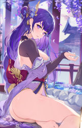 Rule 34 | 1girl, absurdres, ass, barefoot, bottomless, braid, breasts, bridal gauntlets, cup, falling petals, flower, from side, genshin impact, hair flower, hair ornament, hand up, highres, holding, holding cup, houkisei, japanese clothes, large breasts, long hair, looking at viewer, low-braided long hair, low-tied long hair, mole, mole under eye, obi, parted lips, petals, pouring, purple eyes, purple hair, raiden shogun, sakazuki, sash, sitting, soles, solo, thighs, toes, very long hair
