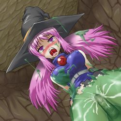 Rule 34 | 1girl, benetta, blush, bottomless, after rape, cave, censored, covered erect nipples, female focus, hat, highres, monster, pink eyes, pink hair, rape, screaming, sex, slime, tears, torn clothes, unagi88, vaginal, violated heroine, witch, witch hat