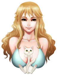 Rule 34 | 1girl, animal, breasts, brown eyes, cat, cleavage, female focus, kitten, large breasts, nami (one piece), one piece, orange hair, solo, white cat, yellow eyes