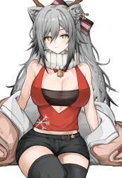 Rule 34 | 1girl, absurdres, animal ears, arknights, bandeau, bare shoulders, black shorts, black thighhighs, blush, breasts, cat ears, commentary, fake antlers, grey hair, hair between eyes, highres, large breasts, long hair, looking at viewer, midriff peek, off shoulder, official alternate costume, rain (rain8649), red shirt, schwarz (arknights), schwarz (presents) (arknights), shirt, short shorts, shorts, simple background, sitting, sleeveless, sleeveless shirt, smile, solo, strapless, thighhighs, thighs, tube top, very long hair, white background, yellow eyes