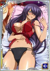 Rule 34 | 1girl, antenna hair, bed sheet, black panties, black ribbon, breasts, card (medium), cleavage, cowboy shot, frilled pillow, frills, from above, grey eyes, hair over one eye, hand on own stomach, highres, ikkitousen, kan&#039;u unchou, large breasts, long hair, looking at viewer, lying, midriff, navel, on back, on bed, open mouth, panties, pillow, purple hair, ribbon, shiny skin, side-tie panties, sleeveless, smile, solo, stomach, swept bangs, torn clothes, underwear, very long hair
