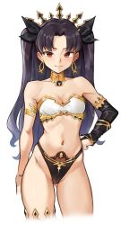 Rule 34 | 1girl, absurdres, bare shoulders, black hair, blush, breasts, cleavage, cropped legs, curvy, detached sleeves, earrings, fate/grand order, fate (series), gluteal fold, hand on own hip, highres, hoop earrings, ishtar (fate), jewelry, long hair, looking at viewer, medium breasts, mr.thunderigor, navel, red eyes, revealing clothes, shiny skin, simple background, smile, solo, strapless, thong, tube top, twintails, very long hair, white background, wide hips