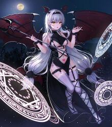 Rule 34 | $hu, 1girl, absurdres, bat hair ornament, bat wings, belt, black belt, black dress, black footwear, black hairband, blush, breasts, chain, chest harness, clothing cutout, commentary, demon girl, demon horns, dress, full body, full moon, grey hair, grey thighhighs, hair between eyes, hair ornament, hairband, halter dress, halterneck, hands up, harness, highres, holding, holding staff, horns, lace, lace-trimmed thighhighs, large breasts, long hair, looking at viewer, magic circle, mole, mole on breast, mole under eye, moon, navel, night, o-ring, o-ring belt, original, outdoors, pelvic curtain, pubic tattoo, sandals, solo, staff, stomach cutout, tattoo, thigh belt, thigh strap, thighhighs, underboob, underbust, very long hair, white thighhighs, wings, wrist cuffs, yellow eyes