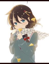Rule 34 | 10s, 1girl, ahoge, alternate costume, black hair, blue eyes, braid, commentary request, hair between eyes, hair flaps, hair ornament, hair over shoulder, holding, holding leaf, kantai collection, leaf, letterboxed, long hair, long sleeves, naoto (tulip), out of frame, scarf, shigure (kancolle), shigure kai ni (kancolle), simple background, single braid, sleeves past wrists, solo, sweater, upper body, white background