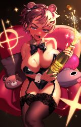 Rule 34 | 1girl, alcohol, animal ears, armchair, bare shoulders, bear ears, black bow, black bowtie, black leotard, black nails, bon (vtuber), bottle, bow, bowtie, breast press, breasts, brown eyes, brown hair, brown thighhighs, chair, champagne bottle, colored inner hair, cork, crotch zipper, dark-skinned female, dark skin, detached collar, drooling, drunk, ear piercing, earrings, fake animal ears, fangs, garter belt, hair bow, hamzraider, highleg, highleg leotard, highres, holding, holding bottle, indie virtual youtuber, jewelry, lace, lace-trimmed legwear, lace trim, large breasts, leotard, looking at viewer, multicolored hair, piercing, pink hair, playboy bunny, ring, ringed eyes, second-party source, sitting, solo, strapless, strapless leotard, stuffed animal, stuffed toy, sweat, thighhighs, thighs, traditional bowtie, virtual youtuber, wing collar, wrist cuffs, zipper