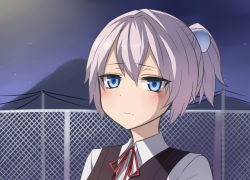 Rule 34 | 10s, 1girl, :3, blue eyes, blush, collared shirt, commentary request, female focus, fence, hair between eyes, hair ribbon, kantai collection, looking at viewer, mountain, neck ribbon, neit ni sei, night, night sky, outdoors, pink hair, ponytail, power lines, red ribbon, ribbon, school uniform, shiranui (kancolle), shirt, sky, solo, upper body, vest, white shirt, wire fence