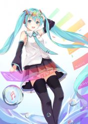 Rule 34 | 1girl, bad id, bad pixiv id, black skirt, black thighhighs, blue eyes, blue hair, blue necktie, blush, bubble, hatsune miku, head wreath, highres, long hair, looking at viewer, miki yuu, musical note, necktie, open mouth, skirt, smile, solo, thighhighs, tie clip, twintails, vocaloid