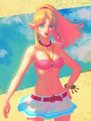 Rule 34 | 1girl, bandeau, bellhenge, bikini, bikini top only, blonde hair, blue eyes, blush, breasts, cleavage, contemporary, cowboy shot, earrings, halterneck, hand on own hip, jewelry, long hair, looking at viewer, medium breasts, miniskirt, navel, necklace, nintendo, open mouth, pink bikini, pointy ears, ponytail, princess zelda, skirt, smile, solo, standing, stomach, super smash bros., swimsuit, the legend of zelda, the legend of zelda: a link between worlds, tiara
