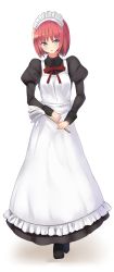Rule 34 | 1girl, absurdres, apron, black dress, black footwear, blue eyes, boots, bow, collared dress, dress, duster, frilled apron, frills, full body, head tilt, highres, hisui (tsukihime), holding, i.f.s.f, juliet sleeves, long sleeves, looking at viewer, maid, maid apron, maid headdress, parted lips, puffy sleeves, red bow, red hair, short hair, solo, standing, tsukihime, white apron, white background