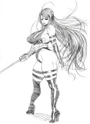 Rule 34 | 1girl, blush, bonten, boots, breasts, curvy, female focus, high heel boots, high heels, highres, huge breasts, leotard, long hair, marvel, monochrome, nipples, psylocke, solo, standing, sword, thick thighs, thighs, thong leotard, weapon, x-men