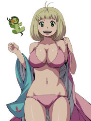Rule 34 | 1girl, ao no exorcist, bikini, blonde hair, breasts, female focus, green eyes, large breasts, looking at viewer, moriyama shiemi, nii (ao no exorcist), open mouth, short hair, simple background, smile, solo, swimsuit, tagme, white background