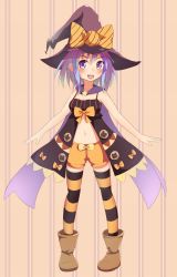 Rule 34 | 1girl, bad id, bad pixiv id, cupen, halloween, hat, highres, navel, original, purple eyes, purple hair, short hair, solo, striped clothes, striped thighhighs, thighhighs, witch hat