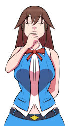 Rule 34 | 1girl, absurdres, arm behind back, belt, blue skirt, blue vest, breasts, brown hair, closed eyes, hair ornament, hairclip, highres, hololive, holykoshi, large breasts, long hair, navel, skirt, solo, tokino sora, tokino sora (old design), upper body, vest, virtual youtuber, white background