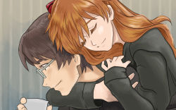 Rule 34 | 1boy, 1girl, age difference, aida kensuke, beard, brown hair, carrying, chin rest, closed eyes, couple, cup, evangelion: 3.0+1.0 thrice upon a time, facial hair, glasses, grin, hair ornament, hairclip, head on head, head rest, highres, holding person, hug, hug from behind, jacket, long hair, neon genesis evangelion, piggyback, rebuild of evangelion, resting, smile, souryuu asuka langley