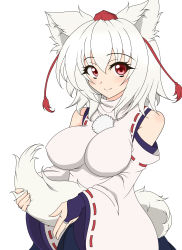 Rule 34 | 1girl, absurdres, animal ears, bad id, bad pixiv id, detached sleeves, female focus, hat, highres, impossible clothes, impossible shirt, inubashiri momiji, minato18, red eyes, shirt, short hair, skirt, smile, solo, tail, tokin hat, touhou, wolf ears, wolf tail