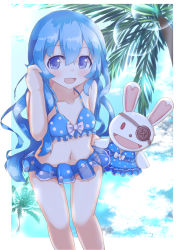 Rule 34 | 1girl, :d, bare arms, bare shoulders, bikini, blue bikini, blue eyes, blue hair, blue sky, blush, bow, bow bikini, breasts, cloud, cloudy sky, collarbone, commentary request, date a live, day, frilled bikini, frills, fuyuki8208, hand puppet, hand up, highres, long hair, looking at viewer, navel, open mouth, palm tree, polka dot, polka dot bikini, puppet, see-through, sky, small breasts, smile, solo, swimsuit, tree, very long hair, yoshino (date a live), yoshinon