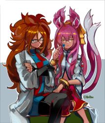 Rule 34 | 2girls, absurdres, android, android 21, animal ears, bad id, bad twitter id, bags under eyes, bare shoulders, black-framed eyewear, blazblue, blue eyes, breasts, candy, cat ears, cat tail, crossover, curly hair, detached sleeves, dragon ball, dragon ball fighterz, dress, earrings, food, glasses, highres, hoop earrings, jewelry, kohiu, kokonoe (blazblue), lollipop, long hair, multiple girls, nail polish, pantyhose, pince-nez, pink hair, ponytail, red hair, tail, two side up, yellow eyes