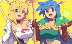 Rule 34 | 2girls, animal ears, black choker, blonde hair, blue hair, breasts, brown gloves, capelet, choker, cleavage, commentary request, fang, gloves, green eyes, holding, holding staff, large breasts, long hair, looking at viewer, metata, multiple girls, navel, open mouth, rpg maker, short hair, staff, upper body, white capelet, white gloves, yellow background