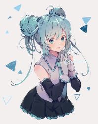 Rule 34 | 1girl, adapted costume, ahoge, alternate hairstyle, aqua eyes, aqua hair, aqua necktie, aqua theme, bare shoulders, black skirt, blush, clenched teeth, collared shirt, commentary, contrapposto, cropped torso, detached sleeves, dot nose, double bun, facing viewer, fingers together, flat chest, frilled shirt collar, frilled skirt, frills, gloves, grey background, grey gloves, grey shirt, grey theme, hair between eyes, hair bun, hair strand, hair up, hands up, hatsune miku, highres, limited palette, nachoz (nachozart), necktie, parted lips, pleated skirt, shirt, shoulder blush, sidelocks, sideways glance, simple background, skirt, sleeveless, sleeveless shirt, smile, solo, steepled fingers, symbol-only commentary, teeth, triangle, tsurime, twitter username, upper body, vocaloid