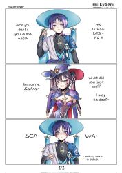 Rule 34 | 1boy, 1girl, arm armor, artist name, asymmetrical bangs, belt, black choker, black gloves, black ribbon, black shirt, blue capelet, blue eyes, blue gemstone, blue headwear, blue leotard, blue vest, blush, bow, breasts, capelet, choker, closed mouth, comic, commentary, crescent, crescent hat ornament, detached sleeves, earrings, english commentary, english text, fur collar, gem, genshin impact, gloves, gold, green eyes, grey belt, grey bow, grey shorts, grey vest, hair between eyes, hair ornament, hand up, hat, hat ornament, hat ribbon, highres, jewelry, jingasa, leaf, leotard, long hair, long sleeves, looking at another, looking at viewer, mandarin collar, medium breasts, milky beri15, mona (genshin impact), multicolored hair, necklace, official alternate costume, open clothes, open mouth, open vest, pink hair, pom pom (clothes), purple belt, purple hair, ribbon, ring, scaramouche (genshin impact), shirt, short hair, short sleeves, shorts, sidelocks, simple background, single earring, sleeveless, sleeveless shirt, smile, smug, standing, star (symbol), star earrings, star hat ornament, teeth, tongue, twintails, two-tone hair, two-tone vest, vest, vision (genshin impact), wanderer (genshin impact), white background, witch hat