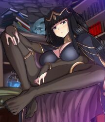 Rule 34 | 1girl, black cape, black hair, black nails, blunt bangs, bodystocking, book, book stack, bookshelf, bracelet, breasts, bridal gauntlets, cape, circlet, cleavage, feet, fingernails, fire emblem, fire emblem awakening, highres, hiramine akira, jewelry, large breasts, long hair, nail polish, nintendo, open mouth, purple cape, purple eyes, ring, shelf, skull, solo, tharja (fire emblem), thighlet, toenail polish, toenails, two-sided fabric, two-tone cape, two side up