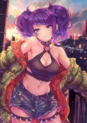 Rule 34 | 1girl, absurdres, bare shoulders, belt, black choker, blurry, blurry background, blush, breasts, buckle, choker, cleavage, cleavage cutout, clothing cutout, coat, collarbone, cowboy shot, crop top, diagonal bangs, earrings, green coat, groin, head tilt, highres, hoop earrings, idolmaster, idolmaster shiny colors, jewelry, large breasts, long hair, looking at viewer, multiple piercings, navel, navel piercing, o-ring, o-ring choker, off shoulder, open clothes, open coat, outdoors, piercing, purple eyes, purple hair, purple lips, shashaki, short shorts, short twintails, shorts, sidelocks, smile, solo, spiked choker, spiked shorts, spiked thighlet, spikes, standing, stomach, stud earrings, sunlight, sunset, tanaka mamimi, thigh strap, toned, twintails