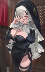 Rule 34 | 1girl, black headwear, black panties, black thighhighs, breasts, cleavage, commentary, english commentary, glasses, hand up, highres, hood (james x), indie virtual youtuber, jewelry, large breasts, long hair, long sleeves, looking at viewer, necklace, nun, panties, parted lips, red eyes, saruei (vtuber), side slit, smile, solo, thigh strap, thighhighs, thighs, underwear, virtual youtuber