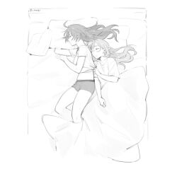 Rule 34 | 2girls, blanket, closed eyes, closed mouth, clothes grab, clothes lift, elysia (honkai impact), greyscale, honkai (series), honkai impact 3rd, long hair, lying, maiqo, monochrome, multiple girls, on bed, on side, pillow, pointy ears, raiden mei, shirt, shirt lift, short sleeves, under covers