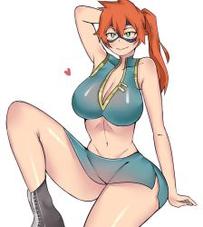 Rule 34 | 1girl, arm behind head, arm support, bare shoulders, blush, bob (bobtheneet), boku no hero academia, boots, breasts, cleavage, collarbone, green eyes, heart, highres, kendou itsuka, large breasts, leg up, long hair, looking at viewer, mask, midriff, orange hair, ponytail, sitting, skirt, sleeveless, smile, solo, stomach, thick thighs, thighs