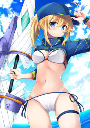 Rule 34 | 1girl, ahoge, arm up, artoria pendragon (fate), baseball cap, bikini, blonde hair, blue eyes, blue hat, blue sky, blurry, blurry background, blush, breasts, bridal garter, cameltoe, closed mouth, cloud, cloudy sky, commentary request, day, depth of field, fate/grand order, fate (series), hair between eyes, hand on headwear, hat, highres, holding, holding lance, holding polearm, holding weapon, horizon, lance, long hair, long sleeves, looking at viewer, medium breasts, mysterious heroine x (fate), mysterious heroine xx (fate), navel, ocean, outdoors, polearm, ponytail, revision, sasahara wakaba, short hair, shrug (clothing), side-tie bikini bottom, sidelocks, sky, solo, standing, swimsuit, twinmyniad (fate), water, weapon, white bikini, wristband