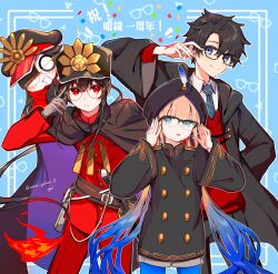 Rule 34 | 3boys, belt, bespectacled, black hair, blonde hair, blue eyes, cape, captain nemo (fate), command spell, fate/grand order, fate (series), fiery hair, fujimaru ritsuka (male), glasses, gradient hair, hat, highres, long hair, low ponytail, mini nobu (fate), multicolored hair, multiple boys, necktie, nemo (fate), oda nobukatsu (fate), oda uri, red eyes, shorts, smile, turban, twintails, yui (tamagohan)