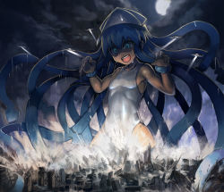 Rule 34 | 1girl, aircraft, airplane, blue eyes, blue hair, city, cloud, cloudy sky, destruction, giant, giantess, hat, huge giantess, ikamusume, long hair, matching hair/eyes, moon, one-piece swimsuit, open mouth, shinryaku! ikamusume, sky, solo, squid hat, swimsuit, tentacles, tentacle hair, toned, white one-piece swimsuit, yilx