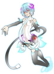 Rule 34 | 1girl, ayanami rei, bad id, bad pixiv id, belt, blue hair, cosplay, detached sleeves, hatsune miku, hatsune miku (append), hatsune miku (cosplay), music, navel, neon genesis evangelion, outstretched arm, red eyes, short hair, singing, solo, vocaloid, vocaloid append, yuzuki yuno