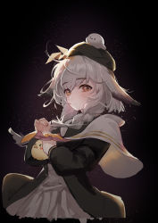 Rule 34 | 1girl, absurdres, azur lane, backlighting, beret, black background, braid, capelet, chinese commentary, closed mouth, commentary request, dodo1996, grey hair, hat, highres, kazagumo (azur lane), looking at viewer, manjuu (azur lane), medium hair, neckerchief, orange eyes, own hands together, sailor collar, single braid, upper body, yellow neckerchief