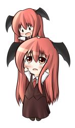 Rule 34 | &gt;:d, 2girls, :d, :o, bad id, bad pixiv id, bat wings, blush, brown eyes, chibi, chibi on head, dual persona, female focus, hand on own cheek, hand on own face, head wings, koakuma, long hair, multiple girls, necktie, on head, open mouth, red eyes, red hair, shirt, skirt, skirt set, smile, solid circle eyes, embodiment of scarlet devil, touhou, uruc, v-shaped eyebrows, very long hair, vest, wings