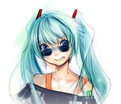 Rule 34 | 1girl, bare shoulders, blue eyes, grin, hatsune miku, long hair, looking over eyewear, simple background, sketch, smile, solo, sunglasses, twintails, upper body, vocaloid, white background, yui 7