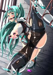 Rule 34 | 1girl, absurdres, aqua eyes, aqua hair, bdsm, blush, bondage, bound, breasts, breasts out, censored, cyoppu, glaring, green hair, grin, hairband, high ponytail, highres, long hair, mosaic censoring, pantyhose, pneuma (xenoblade), restrained, scowl, sidelocks, smile, solo, thighhighs, torn clothes, very long hair, xenoblade chronicles (series), xenoblade chronicles 2