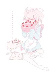 Rule 34 | 1girl, apron, blue dress, box, cake, covering own mouth, dress, food, frilled apron, frills, highres, holding, holding cake, holding food, long sleeves, original, outo eguchi, sitting, sleeves past fingers, sleeves past wrists, solo, thorns, translation request, white apron, white background