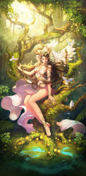 Rule 34 | 1girl, absurdres, anklet, arm at side, armlet, asymmetrical horns, barefoot, bird, bracelet, breasts, brown hair, closed eyes, collarbone, commentary, day, dress, earrings, eyelashes, facing viewer, feathered wings, fern, flower, forest, highres, horns, in tree, jewelry, legs, legs together, light particles, long dress, long hair, long pointy ears, medium breasts, moss, nature, no panties, original, outdoors, parted lips, petals, plant, pointy ears, puddle, realistic, ring, sitting, sleeveless, sleeveless dress, smile, strapless, strapless dress, sunlight, swept bangs, tree, uneven horns, very long hair, water, white dress, white wings, wings, yeonjun park