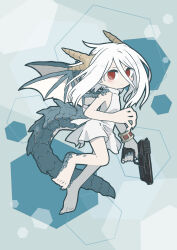 Rule 34 | 1girl, absurdres, blue nails, blush, bracelet, chibi, dragon girl, dragon wings, dress, expressionless, from side, full body, gun, hexagon, highres, jewelry, long hair, looking at viewer, original, red eyes, scales, sirokoucha, sleeveless, solo, tail, weapon, white dress, white hair, wings