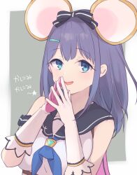 Rule 34 | 1girl, :d, animal ears, black bow, black sailor collar, blue eyes, bow, breasts, commentary request, elbow gloves, gloves, grey background, gucchiann, hair bow, hair ornament, hairclip, highres, long hair, looking at viewer, medium breasts, misora (princess connect!), mouse ears, open mouth, princess connect!, purple hair, sailor collar, school uniform, serafuku, shirt, sleeveless, sleeveless shirt, smile, solo, star (symbol), steepled fingers, striped, striped bow, translation request, two-tone background, upper body, white background, white gloves, white shirt