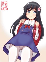 Rule 34 | 1girl, alternate costume, alternate legwear, artist logo, asashio (kancolle), backpack, bag, black hair, blue dress, blue eyes, blush, collared shirt, commentary request, cosplay, cowboy shot, crime prevention buzzer, dated, dress, dutch angle, embarrassed, flower, from below, frown, gluteal fold, gradient background, hair between eyes, hair flower, hair ornament, highres, kanon (kurogane knights), kantai collection, long hair, long sleeves, look-alike, looking at viewer, neck ribbon, panties, panties under pantyhose, pantyhose, parody, pinafore dress, pink background, red ribbon, ribbon, school bag, school uniform, shirosaki hana, shirosaki hana (cosplay), shirt, signature, simple background, sleeveless, sleeveless dress, solo, underwear, watashi ni tenshi ga maiorita!, white background, white pantyhose, white shirt