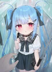 Rule 34 | 1boy, 1girl, black bow, black collar, black skirt, blue hair, blush, bow, collar, collared shirt, commentary request, hair bow, highres, holding, holding umbrella, long hair, looking at viewer, outdoors, parted lips, puffy short sleeves, puffy sleeves, rain, red eyes, see-through, shirt, short sleeves, skirt, solo focus, tsukiman, twintails, umbrella, very long hair, water drop, wet, wet clothes, wet hair, wet shirt, white shirt