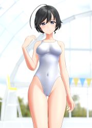 Rule 34 | 1girl, absurdres, ahoge, black eyes, black hair, blurry, blurry background, breasts, commentary request, competition swimsuit, covered navel, cowboy shot, girls und panzer, highres, indoors, isuzu hana, long hair, medium breasts, one-piece swimsuit, solo, string of flags, swimsuit, takafumi, thigh gap, updo, white one-piece swimsuit