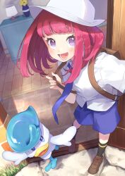 Rule 34 | 1girl, :d, alternate hair color, alternate hairstyle, backpack, bag, blush, brown bag, brown footwear, commentary request, creatures (company), game freak, hat, highres, holding strap, ichihara yuuto, juliana (pokemon), looking at viewer, lower teeth only, necktie, nintendo, open mouth, pokemon, pokemon (creature), pokemon sv, purple eyes, purple necktie, purple shorts, quaxly, shirt, shoes, short sleeves, shorts, smile, socks, standing, teeth, tongue, white headwear