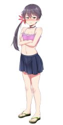 Rule 34 | 10s, 1girl, :t, akebono (kancolle), aoi tiduru, bad id, bad twitter id, bell, bikini, bikini top only, blush, chizurusou (tiduru 39), crossed arms, feet, flat chest, flip-flops, flower, full body, hair bell, hair flower, hair ornament, highres, jingle bell, kantai collection, long hair, pleated skirt, pout, purple eyes, purple hair, sandals, side ponytail, simple background, skirt, solo, swimsuit, tears, toes, white background