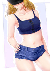 Rule 34 | 1girl, baseball cap, black hat, blush, breasts, cleavage, collarbone, covered eyes, cowboy shot, crop top, cutoffs, denim, denim shorts, gluteal fold, hand on own hip, hat, highres, long hair, medium breasts, midriff, niwatazumi, original, outline, outside border, parted lips, short shorts, shorts, solo, standing, stomach, white outline